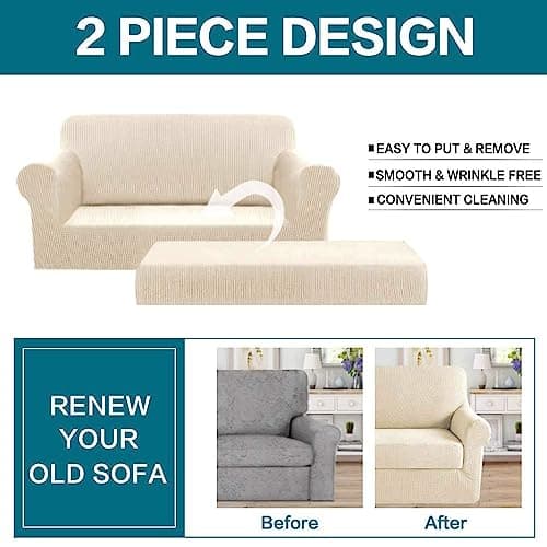 Turquoize Stretch Sofa Slipcover for 2 Cushion Couch (Biscotti Beige)