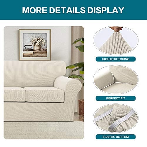 Turquoize 3-Piece Sofa Covers for 2-Cushion Couch, Washable Biscotti Beige Jacquard Slipcovers