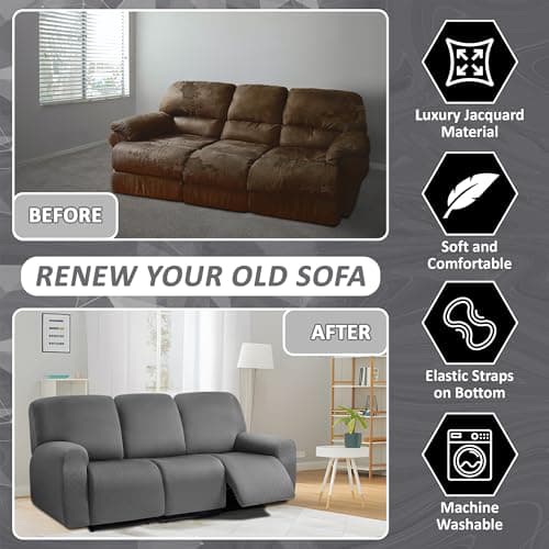 ULTICOR Squared Jacquard Design 3 Seater Recliner Sofa Covers, Dark Grey