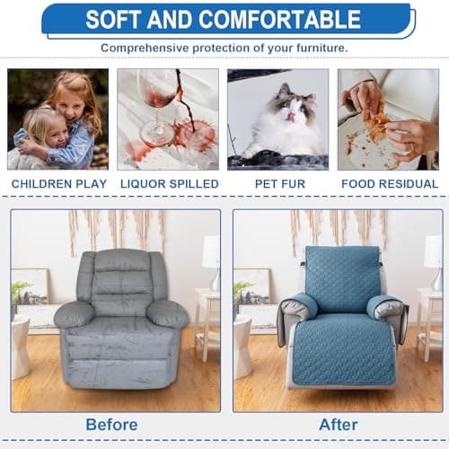 100% Waterproof Non-Slip Recliner Cover with 5 Pockets, Gray Blue