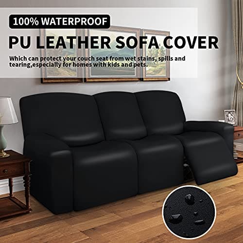 Waterproof PU Leather Recliner Sofa Covers, 8-Piece Stretch Protector Black