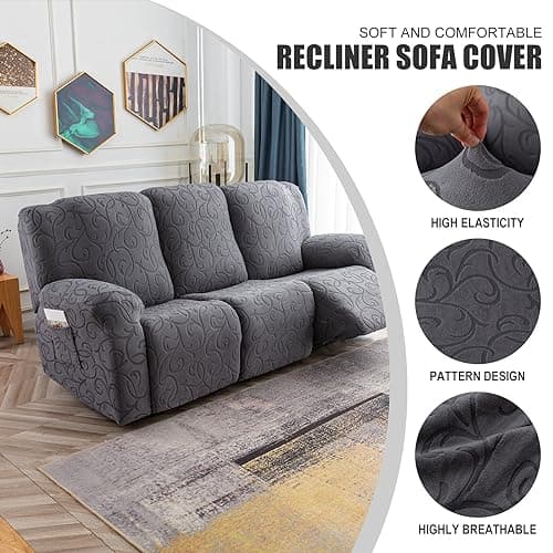 Stretch Recliner Sofa Slipcover, Soft Jacquard 3-Cushion 3-Seat Couch Cover