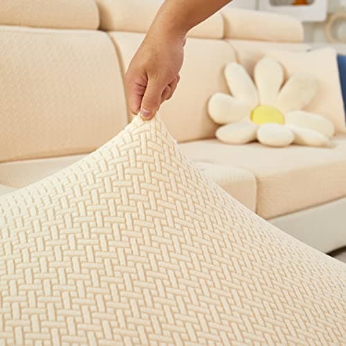 Elastic Couch & Sectional Slipcovers L-Shaped Chaise Grey/White Living Room Furniture Protector — Weave Beige