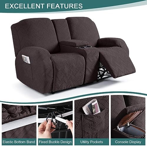 Stretch Loveseat Recliner Cover with Console - 4 Piece Sofa Cover with Pockets - Jacquard Furniture Protector for 2 Seater Couch - Chocolate