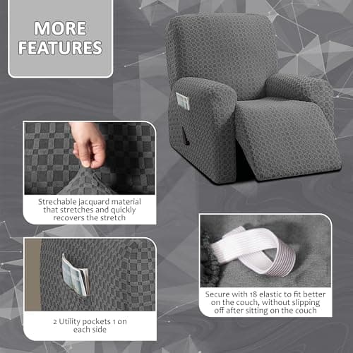 ULTICOR 4-Piece Jacquared Stretch Recliner Cover, Dark Grey