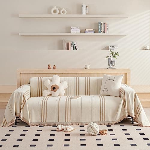 DREAMINGO Thickened Chenille Couch Cover, X-Large Brown, Multi-Use Dog and Cat Protector — A1# Coffee(vertical Stripe)