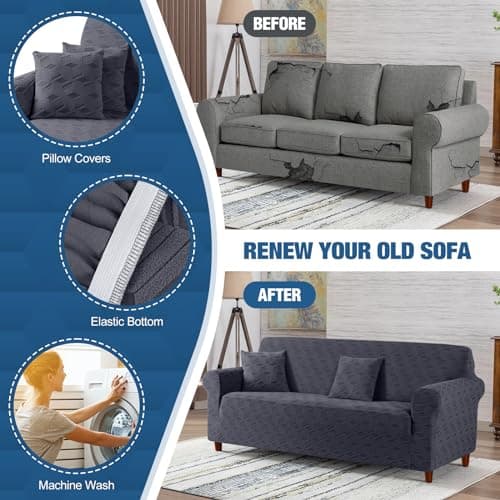 TAOCOCO Dark Grey 3 Seater Stretch Sofa Cover with Throw Pillow Protectors
