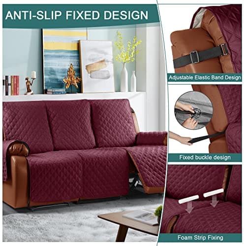 Ruaozz Waterproof Recliner Sofa Cover with Elastic Straps and Pocket for Kids, Dogs, Pets (Wine, 3 Seater)