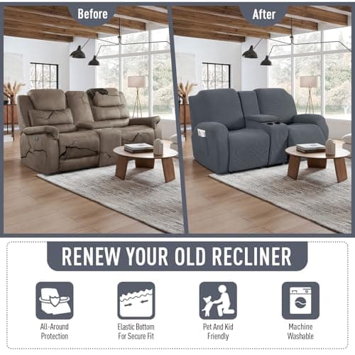TAOCOCO Stretch Reclining Loveseat Cover, Grey Jacquard Pattern