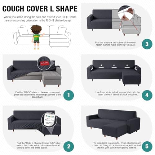 Ruaozz L-Shaped Sofa Slipcover with Chaise Lounge and Throw Pillow Covers, Dark Gray