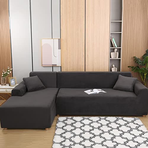 Dark Grey Velvet Stretch Couch Covers for 3+3 Seater L-Shaped Sectionals (Anti-Slip)