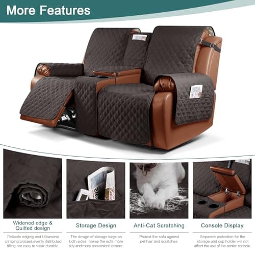 Ruaozz Waterproof Recliner Loveseat Cover with Console, Dark Coffee