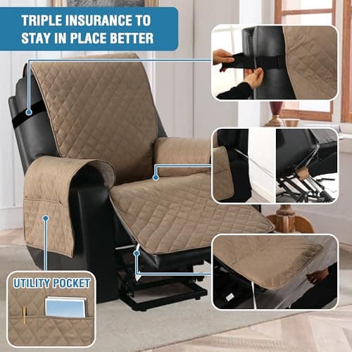 H.VERSAILTEX Khaki 100% Waterproof Power Lift Recliner Chair Cover, Non-Slip Side Pocket