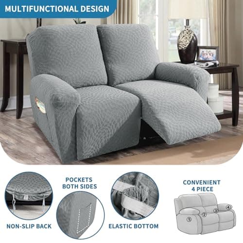 Light Gray Stretch Recliner Love Seat Cover 48-66", Elastic Ties, Washable