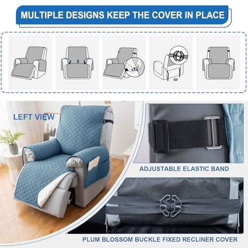 100% Waterproof Non-Slip Recliner Cover with 5 Pockets, Gray Blue
