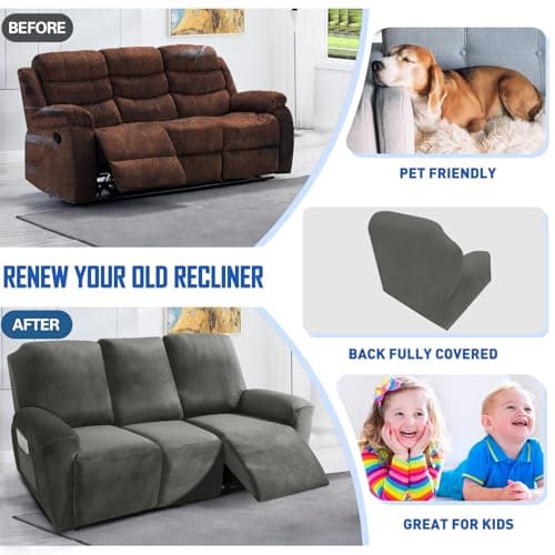 MAXIJIN Stretch Velvet Reclining Sofa Covers, 8 Pieces Grey (3 Cushion)