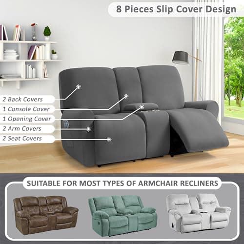 ULTICOR Dark Grey Jacquard Reclining Loveseat Slipcover, 8-Piece Stretch Cover Set