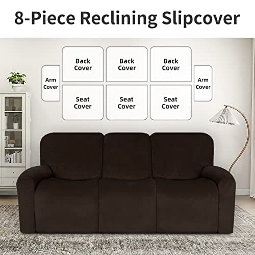 Velvet 8-Piece Recliner Couch Covers for 3 Seat Sofa (Brown)