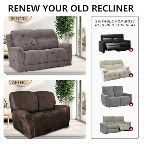 Brown Leather Look Loveseat Recliner Cover Set 6-Piece Washable Spandex Protector