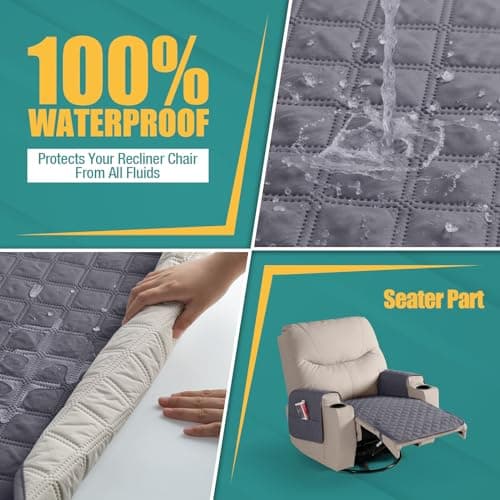 Ruaozz Waterproof Recliner Chair Covers with Arms, Washable and Non Slip, Dark Grey