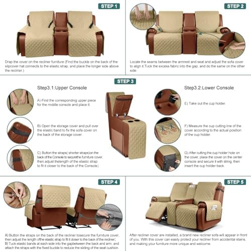 Ruaozz Waterproof Recliner Loveseat Cover with Console for Pets and Kids