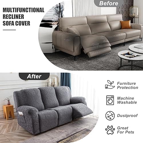 Stretch Recliner Sofa Slipcover, Soft Jacquard 3-Cushion 3-Seat Couch Cover