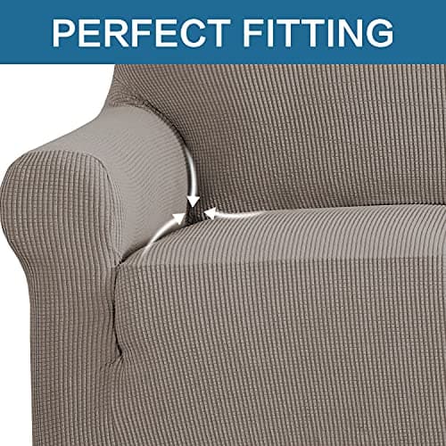 Stretch Sofa Cover for 3 Cushion Couch in Thick Checked Jacquard Fabric - Taupe
