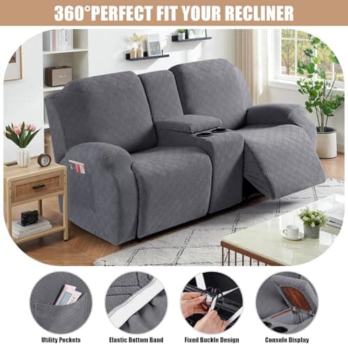 VANSOFY Jacquard Stretch Reclining Sofa Cover for 2 Seat with Console (Dark Gray)