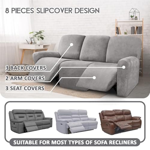 ULTICOR Velvet 3 Seater Recliner Sofa Covers, Light Grey