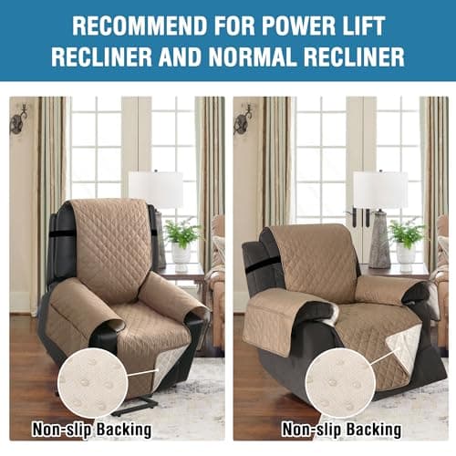 H.VERSAILTEX Khaki 100% Waterproof Power Lift Recliner Chair Cover, Non-Slip Side Pocket