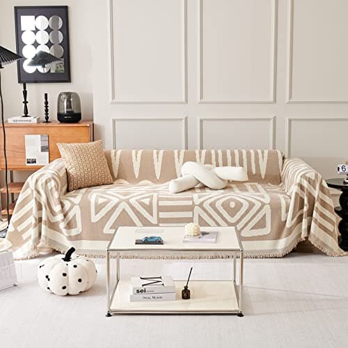 DREAMINGO Thickened Chenille Couch Cover, X-Large Brown, Multi-Use Dog and Cat Protector — A2# Khaki(boho Geometric)