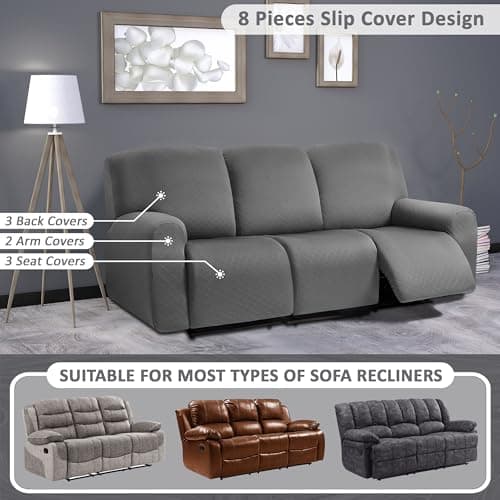 ULTICOR Squared Jacquard Design 3 Seater Recliner Sofa Covers, Dark Grey