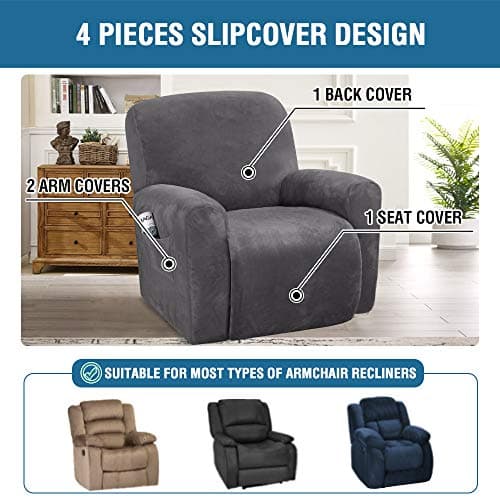 H.VERSAILTEX Velvet Stretch Recliner Chair Covers, Gray