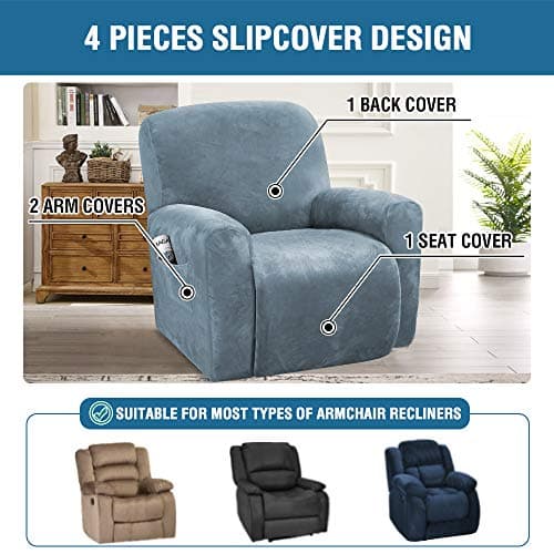 H.VERSAILTEX Stone Blue Velvet Stretch Recliner Couch Covers