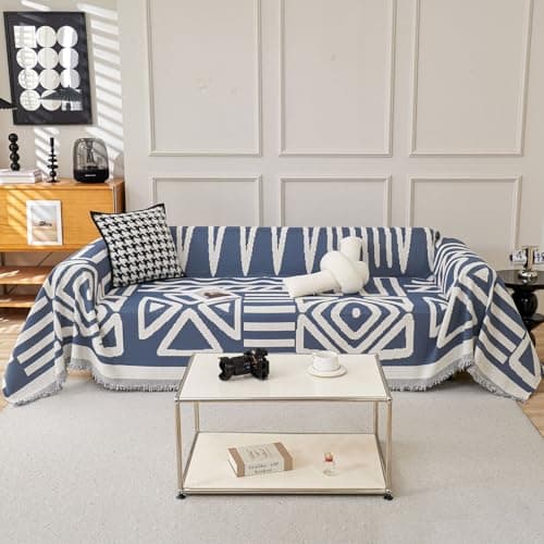 DREAMINGO Thickened Chenille Couch Cover, X-Large Brown, Multi-Use Dog and Cat Protector — A2# Blue(boho Geometric)