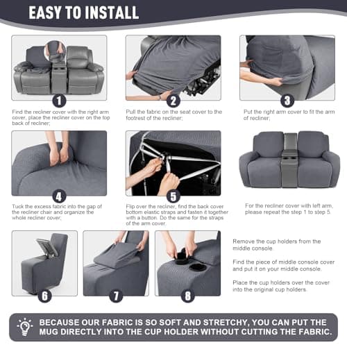 KinCam Loveseat Recliner Slipcover with Middle Console, 2 Seat Couch Protector (Dark Gray)