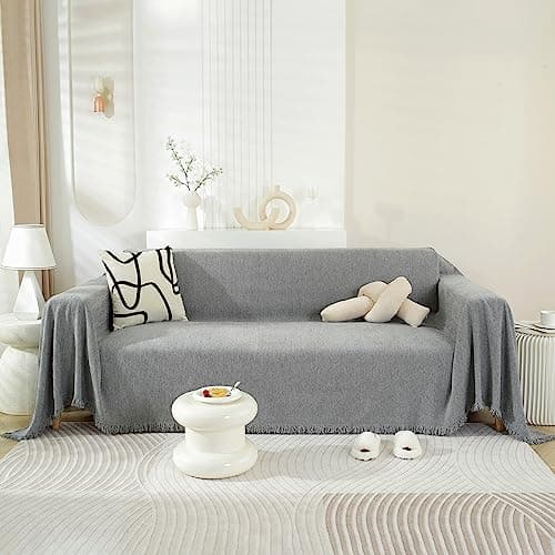 DREAMINGO Thickened Chenille Couch Cover, X-Large Brown, Multi-Use Dog and Cat Protector — A4# Grey