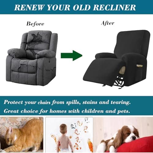 HFCNMY Stretch Velvet Recliner Cover, 4 Pieces, Thick, Elastic Bottom, Black