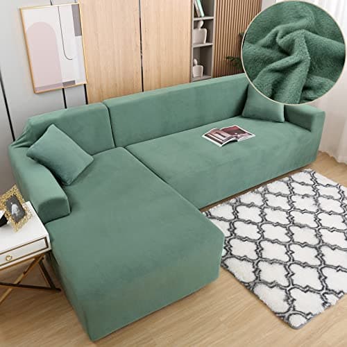 Dark Grey Velvet Stretch Couch Covers for 3+3 Seater L-Shaped Sectionals (Anti-Slip) — Green