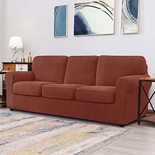 CHUN YI 7 Piece Stretch Couch Cover, 3 Seater with Elastic Backrests and Cushions(Large, Brick)