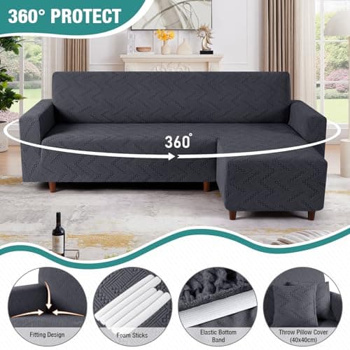 Ruaozz L-Shaped Sofa Slipcover with Chaise Lounge and Throw Pillow Covers, Dark Gray