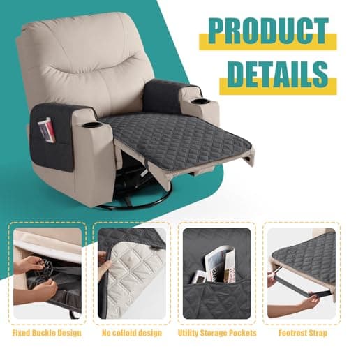 Ruaozz Waterproof Recliner Cover for Reclining Chair with Arms (Charcoal Grey, Medium-25'')
| Ruaozz Non Slip Chair Covers for Reclining Chair with Pocket (Charcoal Grey, Medium-25'')
| Ruaozz Washable Seat Cover for Reclining Chair with Arms (Charc