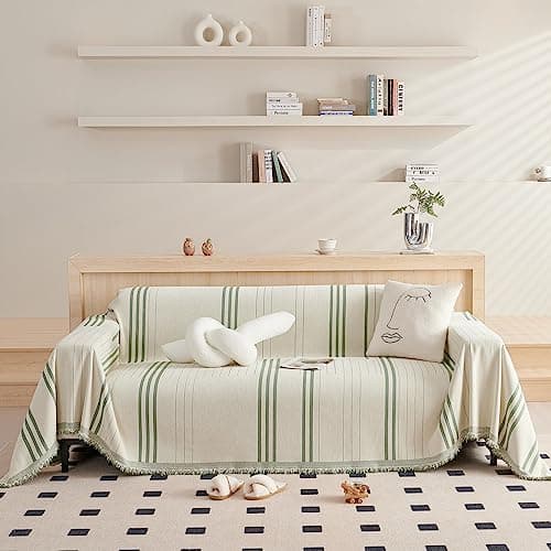 DREAMINGO Thickened Chenille Couch Cover, X-Large Brown, Multi-Use Dog and Cat Protector — A1# Green(vertical Stripe)