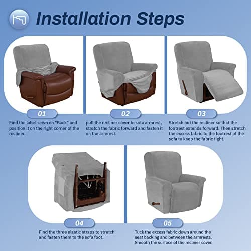 Silver Grey Velvet High Stretch Recliner Chair Cover, Washable Protector with Non-Slip Bottom