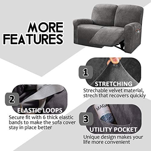 ULTICOR 6-Piece Velvet Reclining Love Seat Slipcover (Dark Grey)