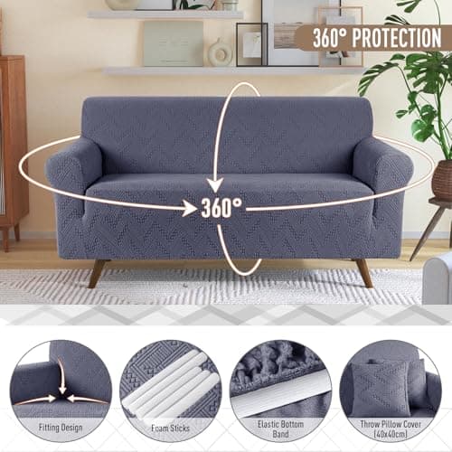 Ruaozz Grey Soft Jacquard 2 Seater Loveseat Sofa Cover & Throw Pillow Covers