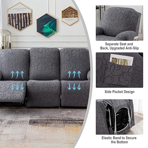 Stretch Recliner Sofa Slipcover, Soft Jacquard 3-Cushion 3-Seat Couch Cover
