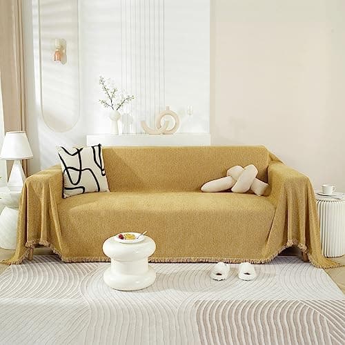 DREAMINGO Thickened Chenille Couch Cover, X-Large Brown, Multi-Use Dog and Cat Protector — A4# Mustard Yellow