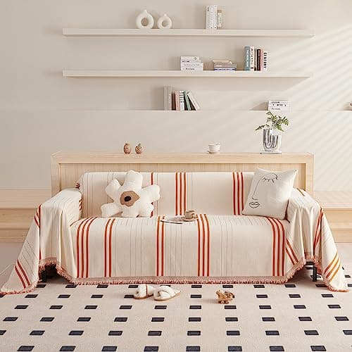 DREAMINGO Thickened Chenille Couch Cover, X-Large Brown, Multi-Use Dog and Cat Protector — A1# Orange(vertical Stripe)