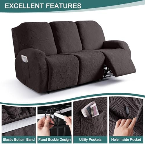 Ruaozz Chocolate 3-Seater Recliner Sofa Covers with Pockets